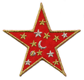 <font color="red">IN STOCK</font><br>3" Iron On Satin-Metallic Star-Red/Gold/Silver Combo