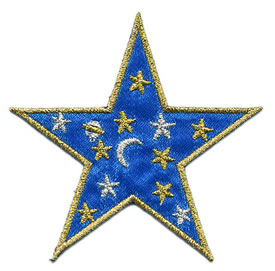 <font color="red">IN STOCK</font><br>3" Iron On Satin-Metallic Star-Blue/Gold/Silver Combo