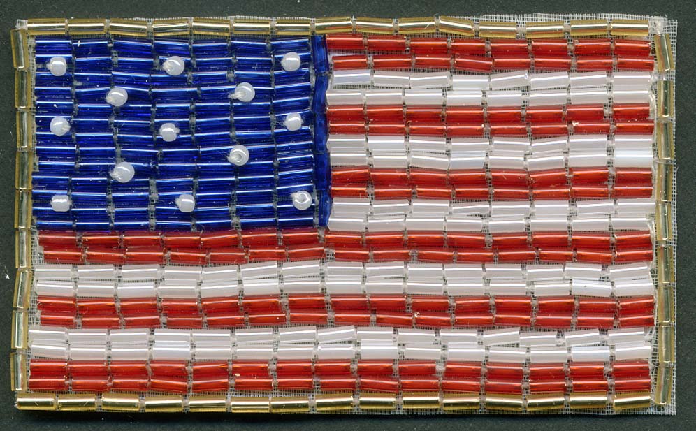 3.25" X 2" Hand Beaded USA Flag Applique-Red-White-Blue With Crystal Beads