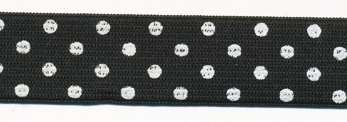 <font color="red">IN STOCK</font><br>1" Poly Knit Elastic-Black w/White Dots<br>(Med Soft, Standard, Pre-Shrunk)