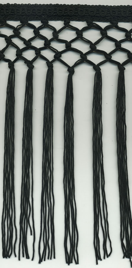 <font color="red">IN STOCK</font><br>10" Poly Fringe, Knotted with Scroll Header-Black