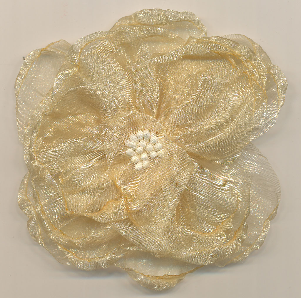 <font color="red">IN STOCK</font><br>3" Organza Pleated Flower with Seed Center-Gold/Off White