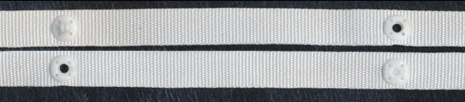 1/4" X X 3.75" Cut Grosgrain Bra Strap Tabs With Plastic Snaps-White (Snaps 2 3/8" Spaced)