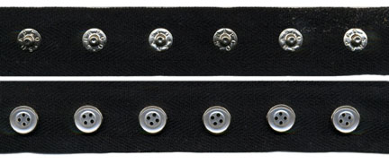 1" Spaced 18L Snap Tape, 4-Hole Button Cap on 3/4" Black Twill Tape