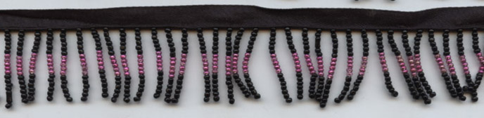 <font color="red">IN STOCK</font><br>1" Poly/Glass Beaded Fringe w/3/8" Satin Header-Black/Fushcia