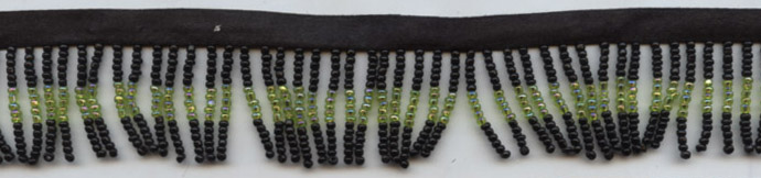 <font color="red">IN STOCK</font><br>1" Poly/Glass Beaded Fringe w/3/8" Satin Header-Black/Green