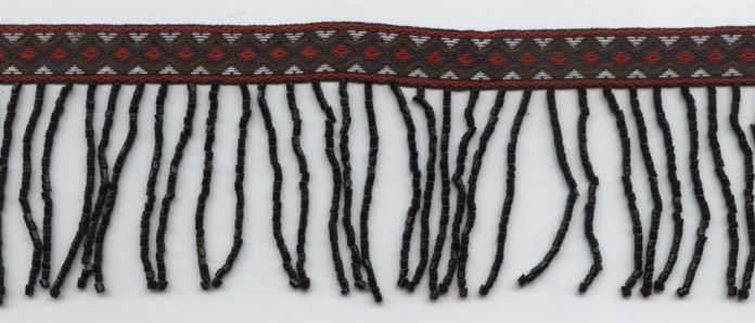 <font color="red">IN STOCK</font><br>2" Poly/Glass Beaded Fringe w/1/2" Jacquard Header-Black/Red