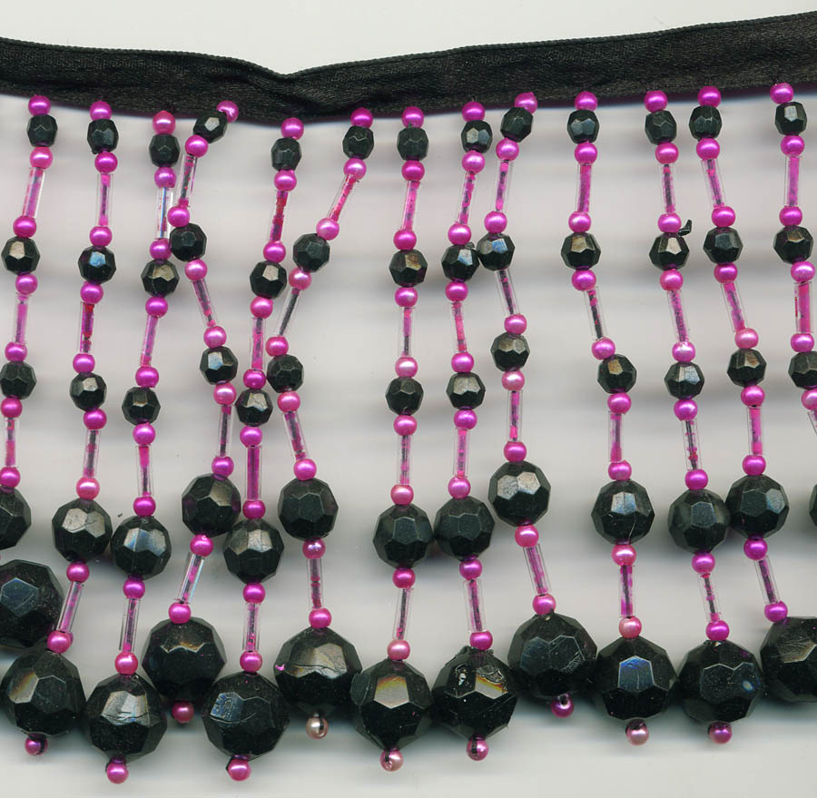 <font color="red">IN STOCK</font><br>3" Plastic Beaded Fringe w/ 3/8" Satin Header-Black/Azalea