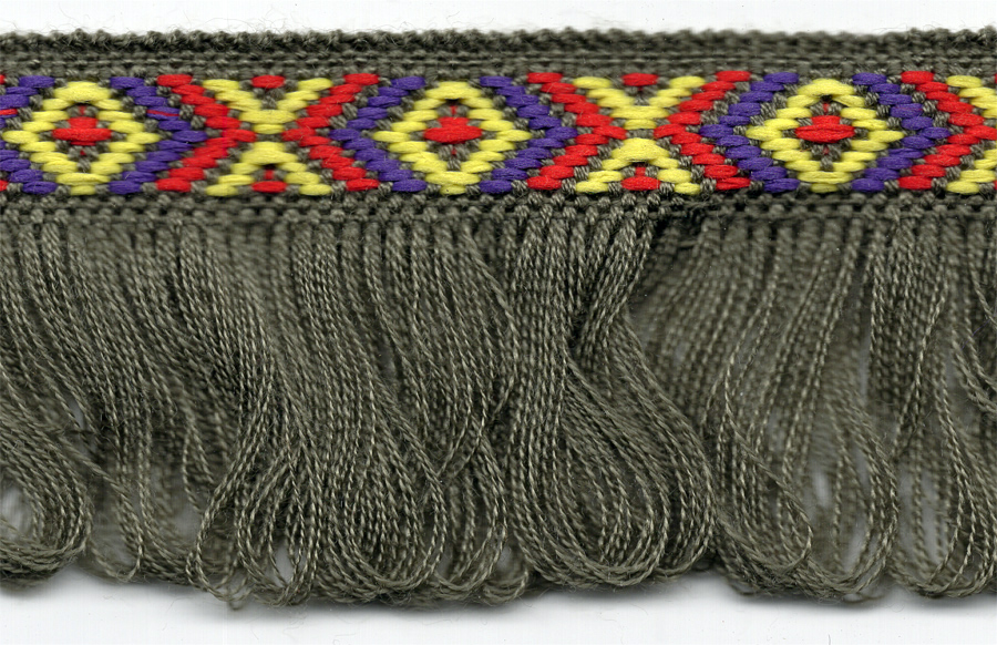 <font color="red">IN STOCK</font><br>1+1/2" Poly Indian Fringe-Olive Combo