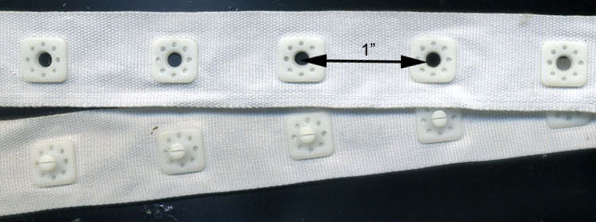 <font color="red">IN STOCK</font><br>1" Spaced Square Plastic Snaps on 3/4" Poly Tape-White<br>Incl both sides