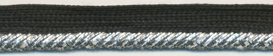 <font color="red">IN STOCK<br>MADE IN USA</font><br>3/8" Metallic/Rayon Cordedge Piping-Silver/White Stripe/Black Apron