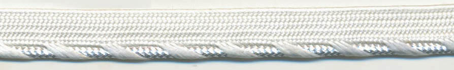 <font color="red">IN STOCK<br>MADE IN USA</font><br>3/8" Metallic/Rayon Cordedge Piping-Silver/White Stripe/White Apron