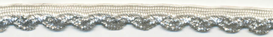 <font color="red">IN STOCK<br>MADE IN USA</font><br>3/8" Metallic/Rayon Cordedge Piping-Silver/White Apron