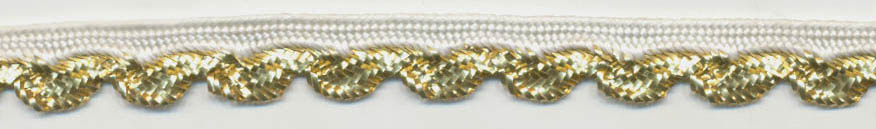<font color="red">IN STOCK<br>MADE IN USA</font><br>3/8" Metallic/Rayon Cordedge Piping-Gold/White Apron