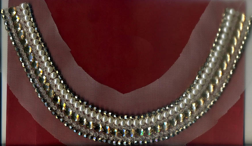 12" Rhinestone and Bead and Pearl Collar On Mesh