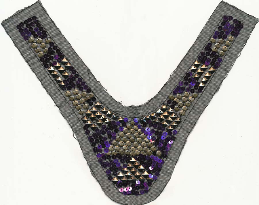 14" X 12+3/4" Beads Applique-Gunmetal/Antique Brass/Purple On Black Mesh