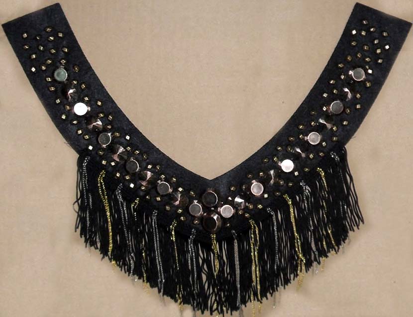 9" X 2" Metallic Studded Collar W/Fringe-Antique Brass/Silver/Black