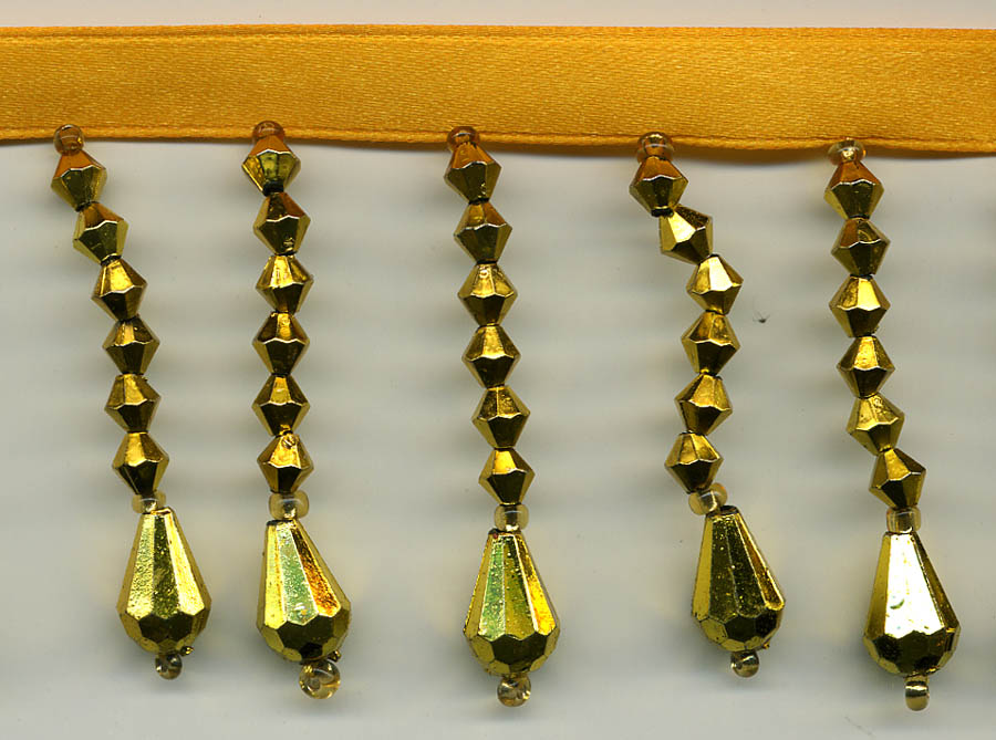 <font color="red">IN STOCK</font><br>2" Beaded Faceted Teardrop Fringe Drops On Ribbon-Gold