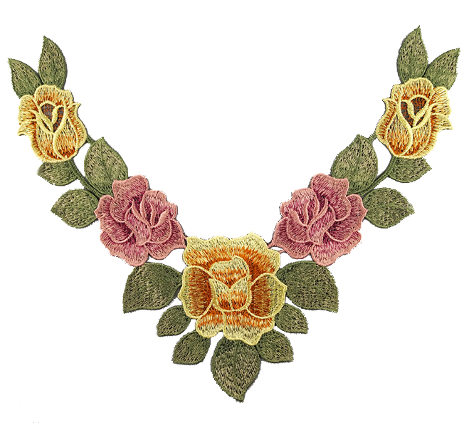 Embroidered Rose Collar Applique-Yellow/Salmon/Green