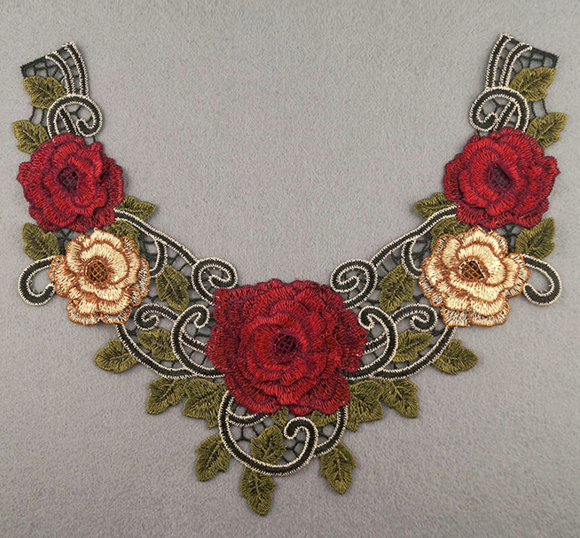 Embroidered Rose Collar Applique-Red/Yellow/Green