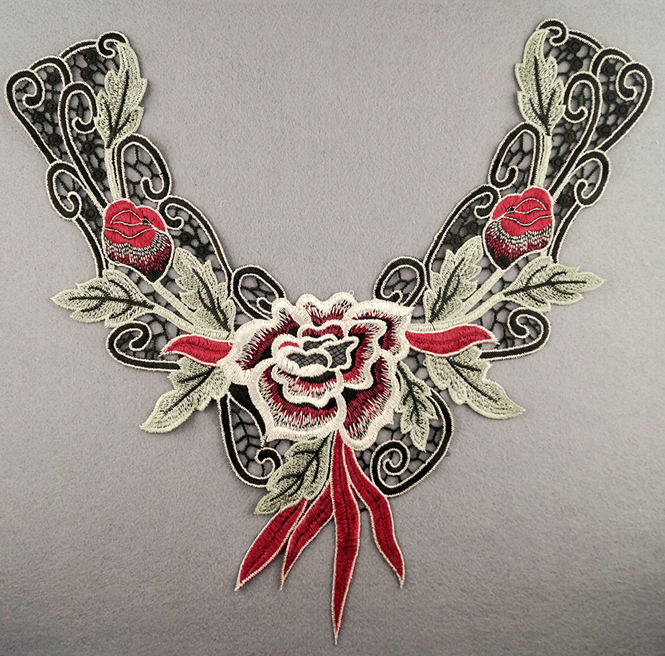 Embroidered Rose Collar Applique-Red/Green/White/Black