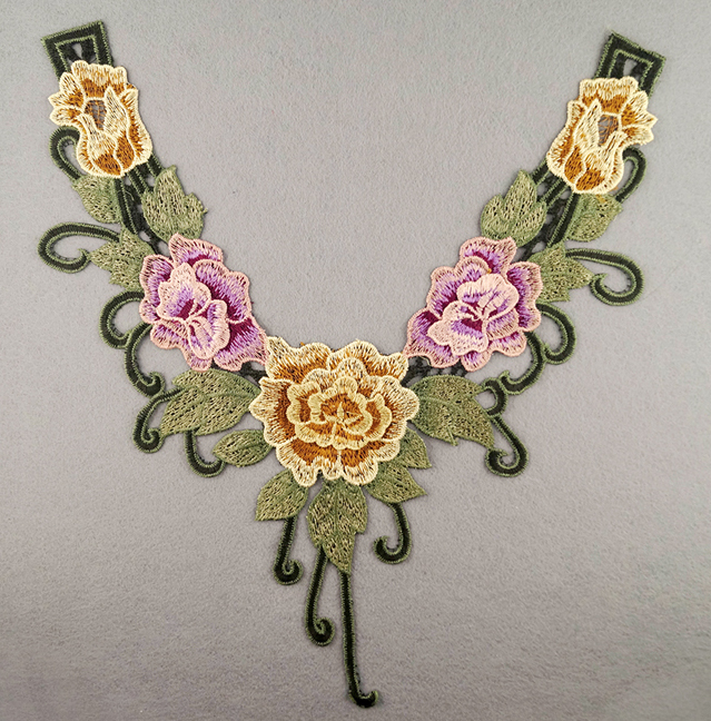 Embroidered Rose Collar Applique-Yellow/Pink/Green