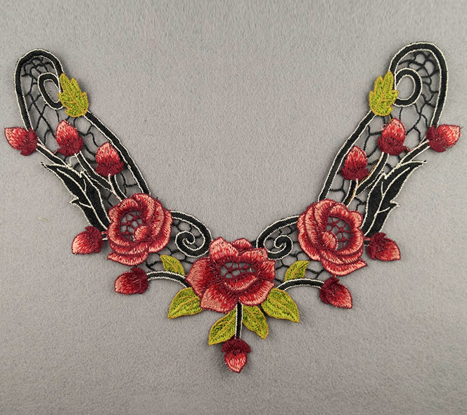 Embroidered Rose Collar Applique-Crimson/Red/Black/Light Green