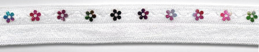<font color="red">IN STOCK</font><br>5/8" Nylon Foldover Elastic-White with Silver Daisy Sequins