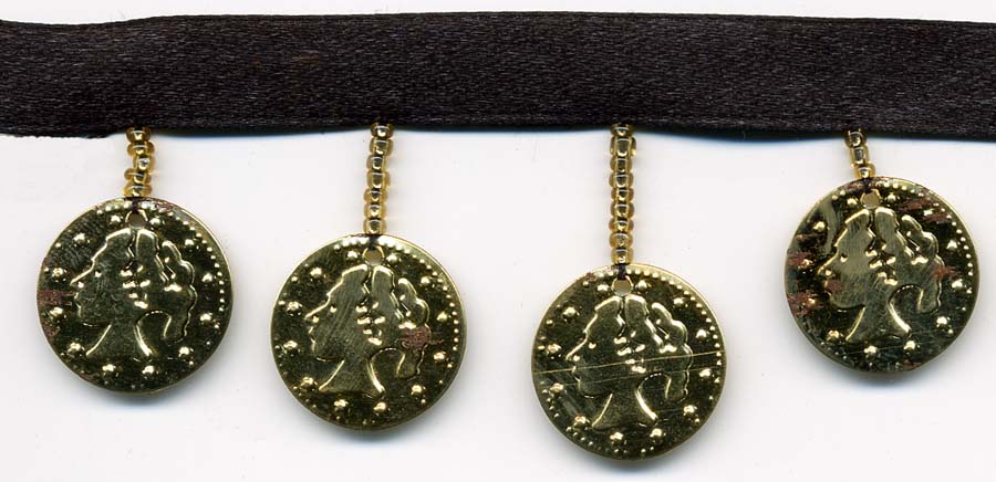 1.5" Liberty Lady Coin Fringe-Black Satin Header/Gold Coins