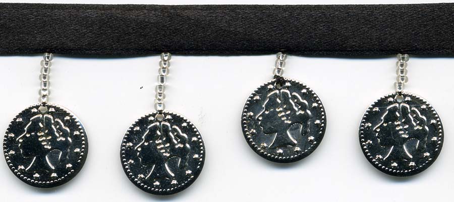 1.5" Liberty Lady Coin Fringe-Black Satin Header/Nickel Coins