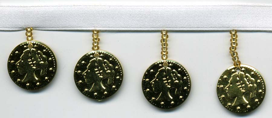 1.5" Liberty Lady Coin Fringe-White Satin Header/Gold Coins