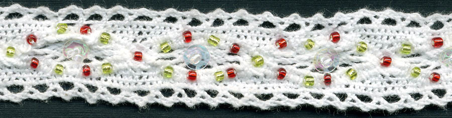 <font color="red">IN STOCK</font><br>1" Cotton Galloon With Beads+Sequins-White (Red+Lime Beads)