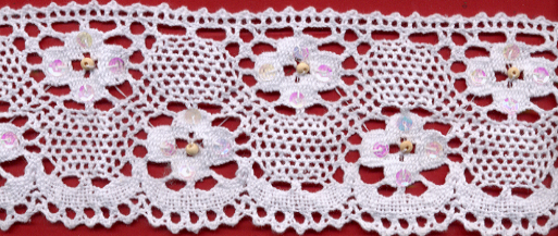 <font color="red">IN STOCK</font><br>2+3/4" Cotton Cluny Edge Lace With Wood Beads And Sequins-White