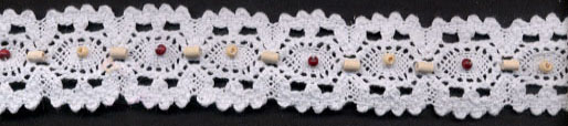 <font color="red">IN STOCK</font><br>1+1/4" Cotton Cluny Galloon Lace With Wood Beads And Sequins-White