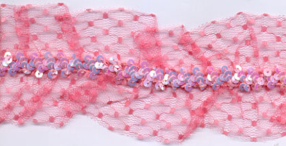<font color="red">IN STOCK</font><br>1+9/16" Poly Stretch Net Lace+Sequins Ruffel-Pink