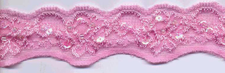 1+1/8" Stretch Lace Scallop-Pink Lace With Sequins And Beads