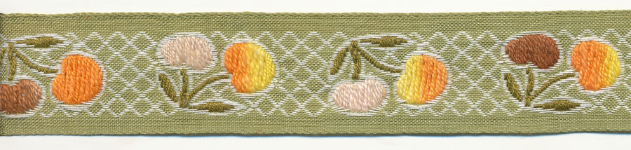 1" Vintage Cherry Pattern Jacquard Ribbon-Multi Color With Lemon Green Background