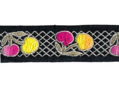 1" Vintage Cherry Pattern Jacquard Ribbon-Multi Color With Black Background