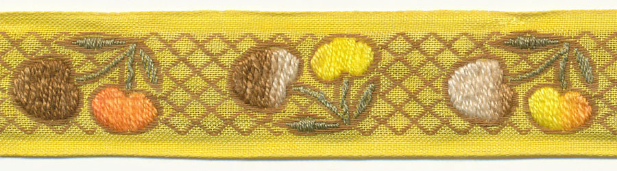 1" Vintage Cherry Pattern Jacquard Ribbon-Multi Color With Golden Yellow Background