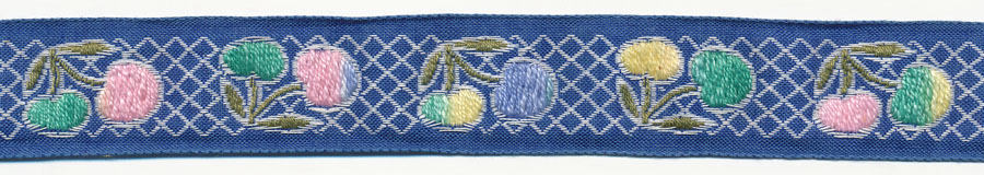 1" Vintage Cherry Pattern Jacquard Ribbon-Multi Color With Blue Background