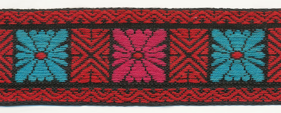 1.25" Vintage Cotton Daisy Talavera Pattern Jacquard-Red/Dark Pink/Aqua/Black
