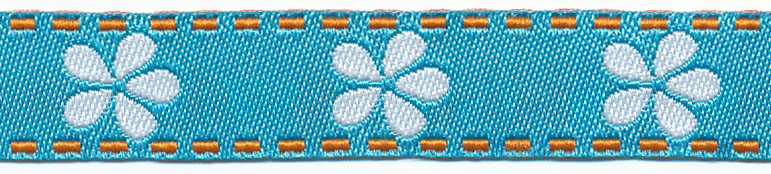 <font color="red">IN STOCK</font><br>1/2" Daisy and Stitch Jacquard Ribbon-Turquoise/Orange/White