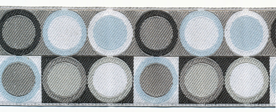 38MM Mod Circle and Square Pattern Jacquard Ribbon-Black/White/Aqua/Grey
