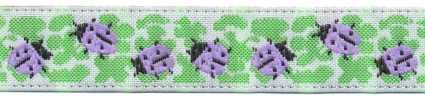 <font color="red">IN STOCK</font><br>9/16" Poly Needlepoint Ladybug Jacquard Ribbon-White/Green/Black/Light Orchid
