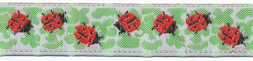 <font color="red">IN STOCK</font><br>9/16" Poly Needlepoint Ladybug Jacquard Ribbon-White/Green/Black/Red