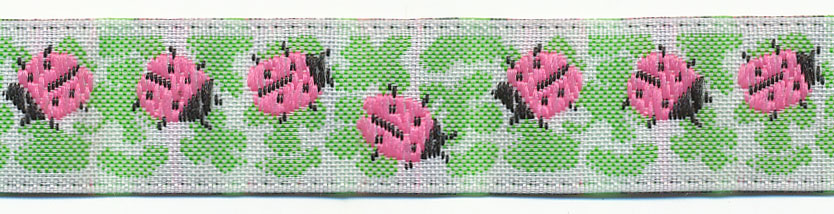 <font color="red">IN STOCK</font><br>9/16" Poly Needlepoint Ladybug Jacquard Ribbon-White/Green/Black/Pink