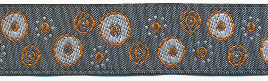 20MM Mod Linocut Circle Pattern Jacquard Ribbon-Slate Grey/Stone Blue/Orange