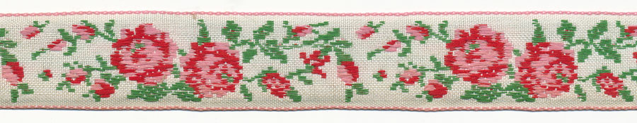 15/16" Rose Rayon/Cotton Jacquard Ribbon-White/Red/Pink/Emerald