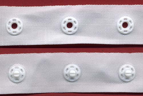 <font color="red">IN STOCK</font><br>1+1/2" Spaced Round Plastic Snaps on 3/4" Poly Tape-White<br>(Includes Male & Femal