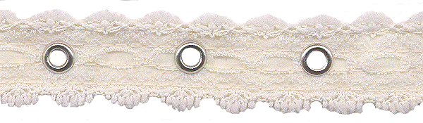 1.25" Width Galloon Lace with 1" Spaced Eyelets<br>White Lace, Nickel Eyelets